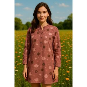 Kay Anna Flannel Pajama Top Cups Hearts Print Sleepwear Nightshirt Size M Cotton